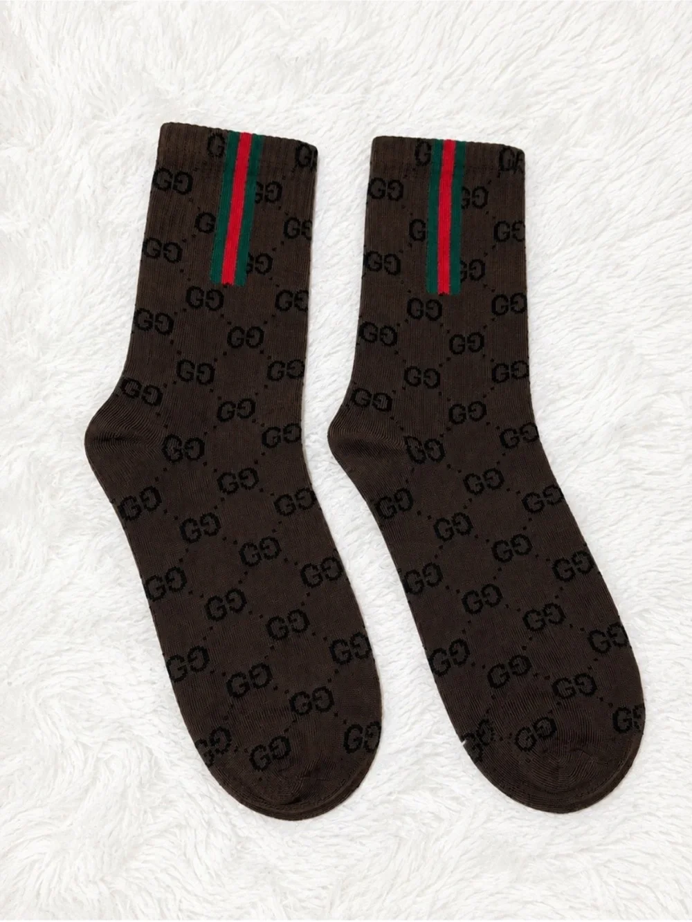 Gucci Brown Logo Crew Socks with Red & Green Stripes